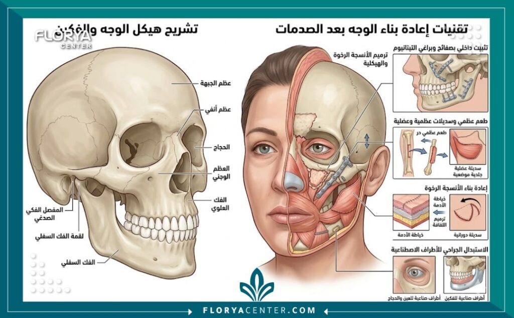 رسم توضيحي طبي يوضح تشريح الوجه وهيكل العظام أثناء جراحات ترميم الوجه المعقدة.