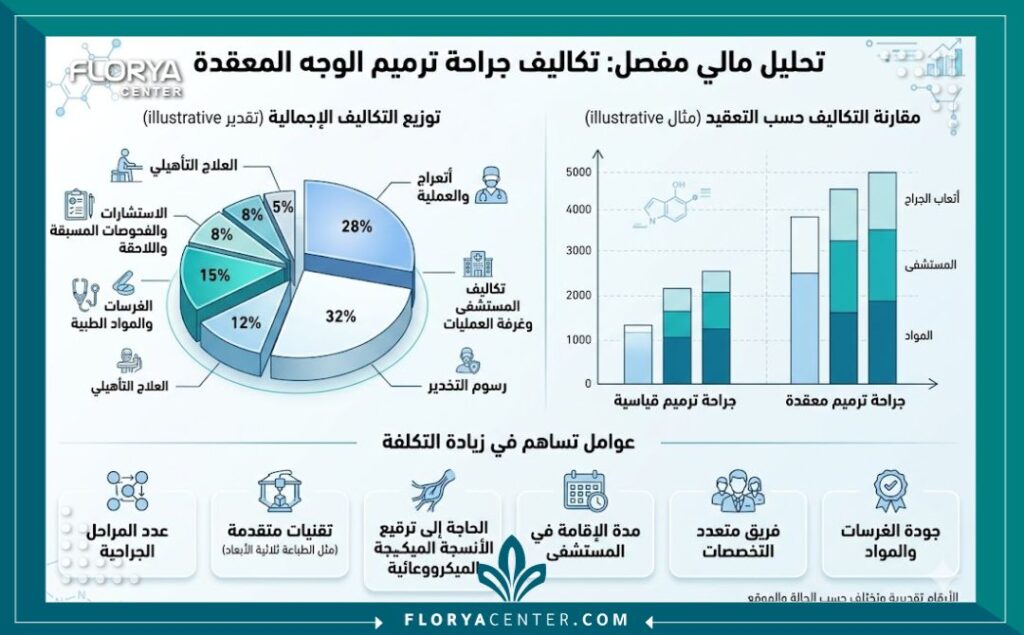 إنفوجرافيك يوضح العوامل المؤثرة على أسعار عمليات ترميم الوجه بعد الحوادث وتوزيع التكاليف الطبية.