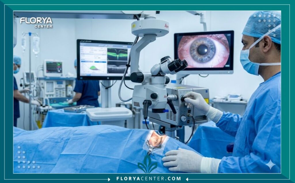 لقطة واقعية لغرفة عمليات عيون معقمة، تركز على أجهزة الجراحة المتقدمة المستخدمة في عمليات العين الحساسة، مما يسلط الضوء على احترافية المكان.