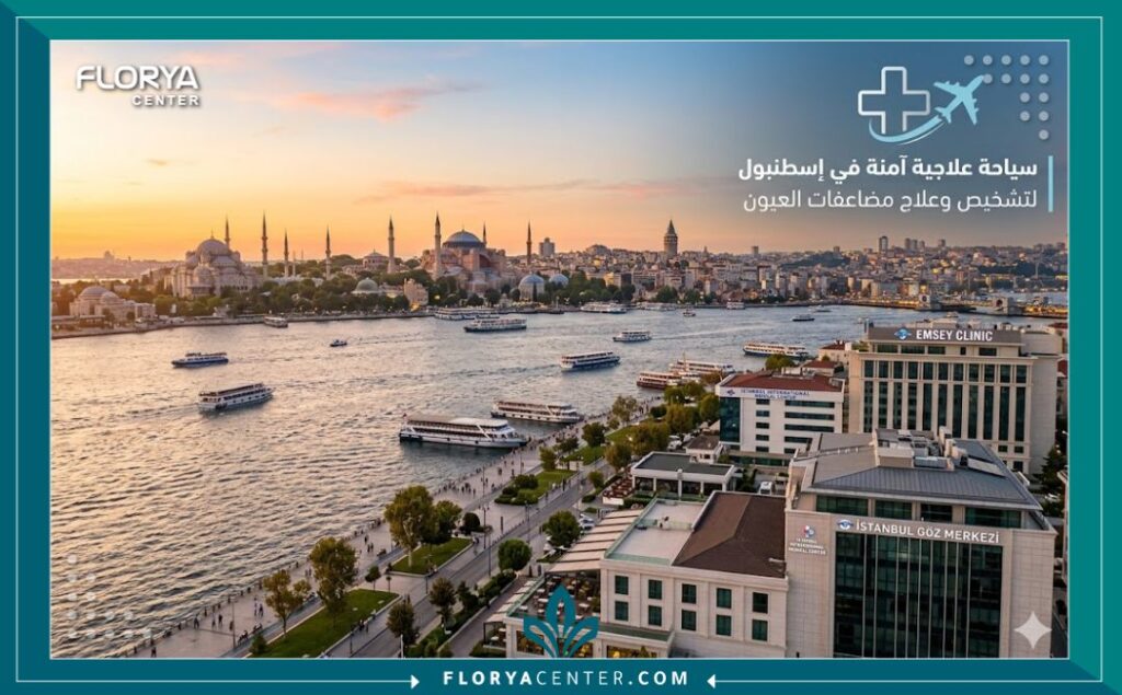 منظر بانورامي لمضيق البوسفور في إسطنبول وقت الغروب مع عيادات طبية حديثة، تبرز خيارات السياحة العلاجية الآمنة لتشخيص وعلاج مضاعفات العين.