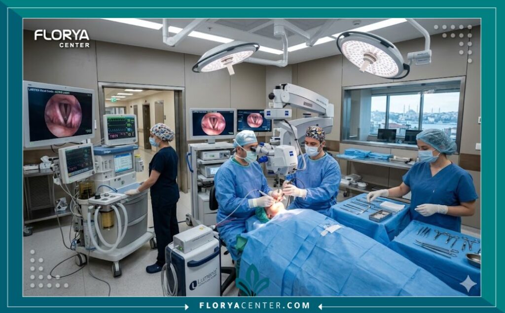 غرفة عمليات متطورة ومجهزة بأحدث مناظير وتقنيات جراحة الحنجرة والرقبة في أفضل مستشفيات تركيا.