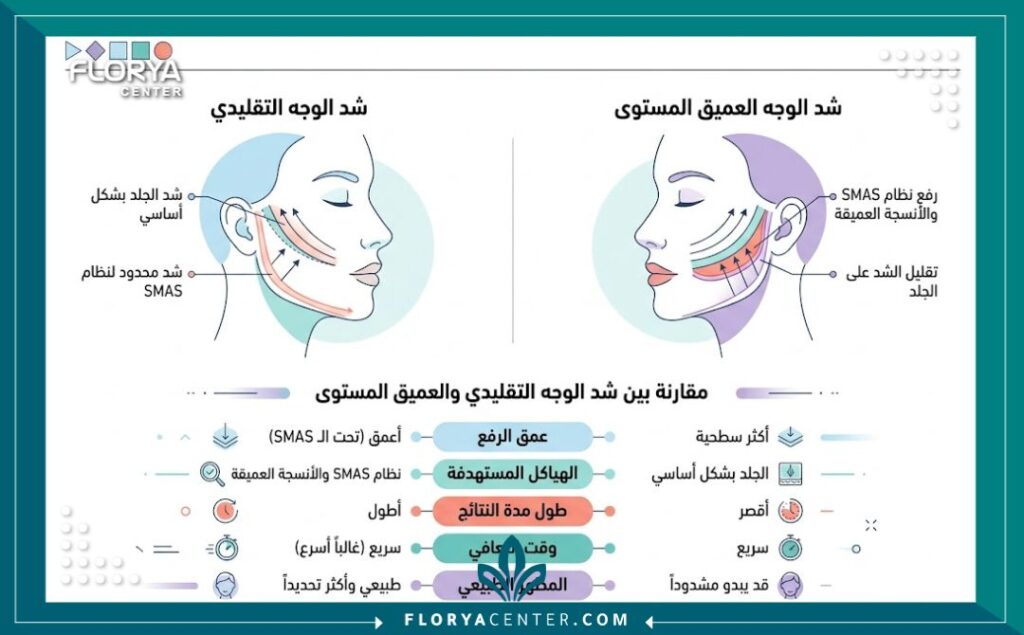 أفضل جراح شد وجه عميق في تركيا 3 إنفوجرافيك يقارن بين شد الوجه التقليدي وعملية شد الوجه العميق مبرزاً النتائج الطبيعية وطول الأمد.