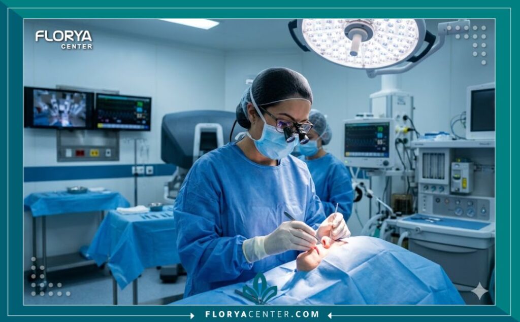 أفضل جراح شد وجه عميق في تركيا 4 جراح تجميل متمرس يجري عملية شد وجه عميق دقيقة داخل غرفة عمليات حديثة في مستشفى تركي فاخر.