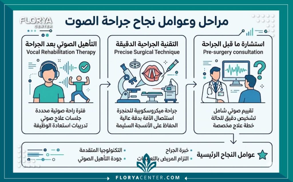 إنفوجرافيك يوضح مراحل نجاح عملية تجميل الصوت ونسبة الأمان مع أفضل جراح حنجرة في تركيا