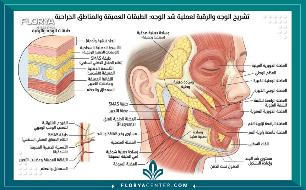 أفضل دكتور جراحة تجميل وجه في تركيا 2 مخطط طبي تشريحي لطبقات الوجه والعضلات توضح المناطق المستهدفة في عمليات تجميل الوجه المعقدة في تركيا.