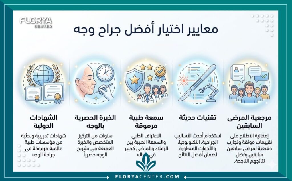 أفضل دكتور جراحة تجميل وجه في تركيا 3 إنفوجرافيك يوضح معايير اختيار أفضل جراح تجميل وجه في تركيا بناءً على الشهادات والخبرة والسمعة.