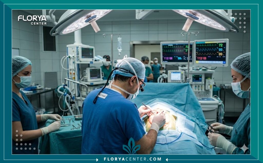 أفضل دكتور جراحة تجميل وجه في تركيا 4 جراح تجميل وجه خبير وفريقه الطبي يجرون عملية معقدة داخل غرفة عمليات معقمة ومجهزة بأحدث التقنيات في مستشفى تركي مرموق.
