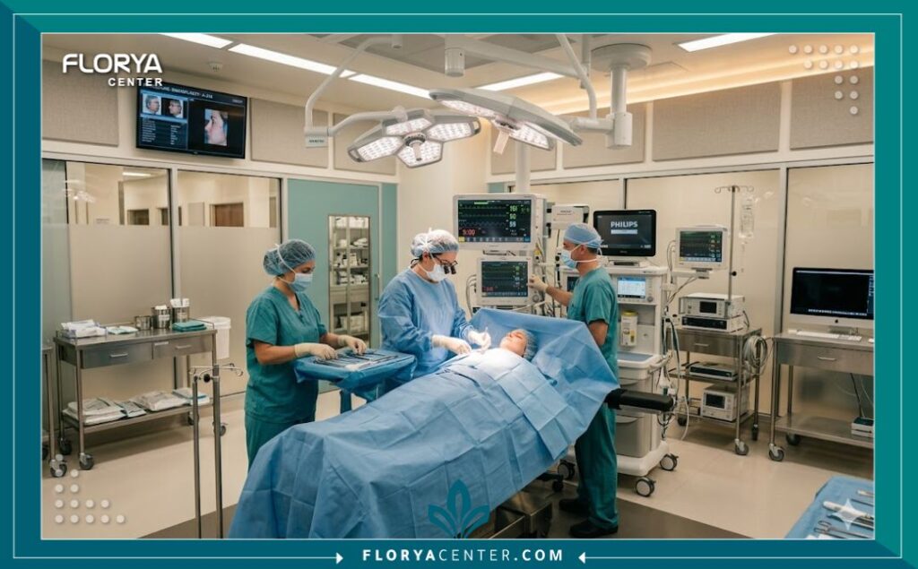 غرفة عمليات حديثة ومجهزة بأحدث التقنيات الطبية داخل مستشفى تجميل لضمان أعلى درجات الأمان في جراحات الوجه.