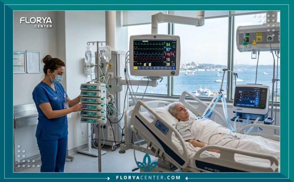وحدة العناية المركزة المتقدمة (ICU) في مستشفى تركي لضمان الأمان الفائق والمراقبة الدقيقة بعد جراحة الوجه والفكين الكبرى.