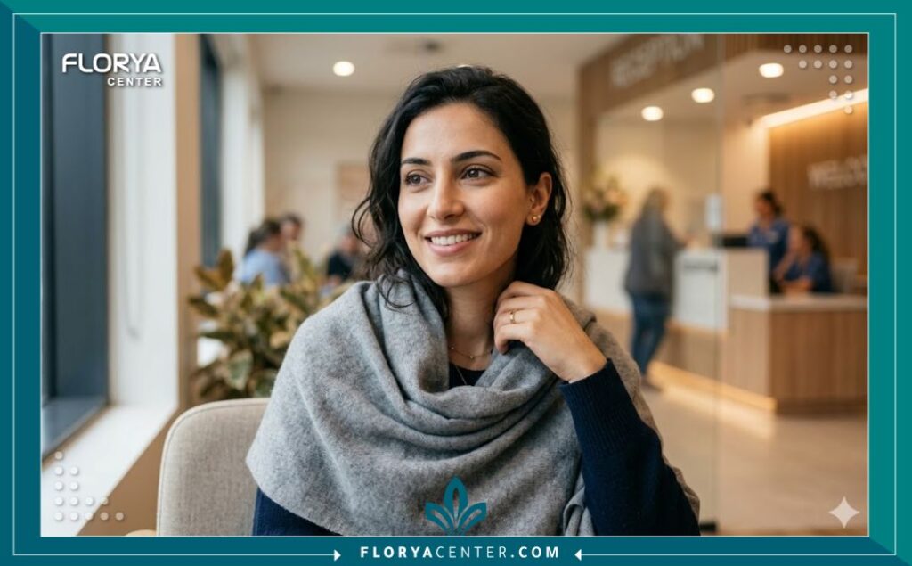 مريضة سعيدة تظهر تماسك وثقة بملامح وجهها بعد خضوعها لجراحة ناجحة في الوجه والفكين في أفضل مستشفيات تركيا.
