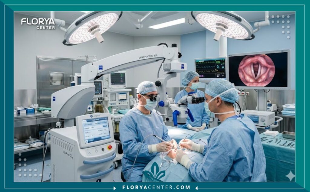 غرفة عمليات معقمة ومجهزة بالكامل بأحدث أجهزة ليزر الحنجرة في مستشفى متخصص لعمليات الصوت.