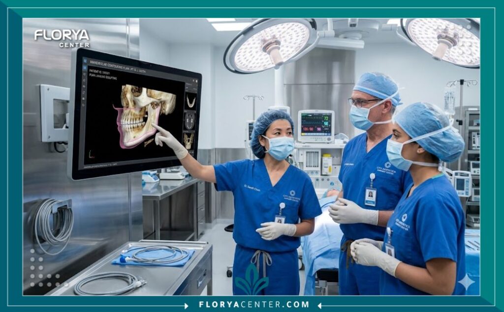 جراحو تجميل متخصصون داخل غرفة عمليات حديثة يخططون لإجراء جراحة إزالة دهون الجيوب الفكية بدقة.