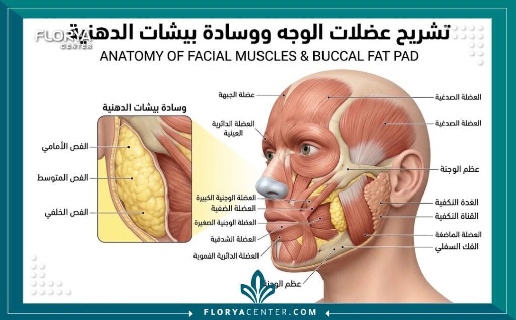 رسم توضيحي طبي للتشريح الوجهي يبرز موقع الوسادة الدهنية المستهدفة في عملية إزالة دهون الخد.