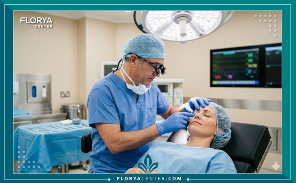 جراح تجميل متخصص يقوم بفحص المريض قبل إجراء عملية إعادة توزيع دهون الجفن السفلي في غرفة عمليات حديثة.