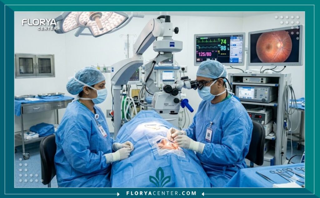 غرفة عمليات عيون معقمة وحديثة حيث يقوم أطباء متخصصون بإجراء جراحة دقيقة لزراعة القزحية.