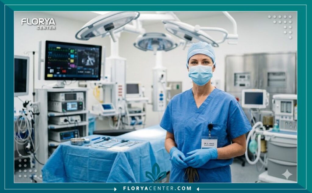 استئصال الدهون الفموية جراحياً 4 جراح تجميل خبير داخل غرفة عمليات معقمة ومجهزة بأحدث التقنيات لإجراء جراحة استئصال الدهون الفموية.