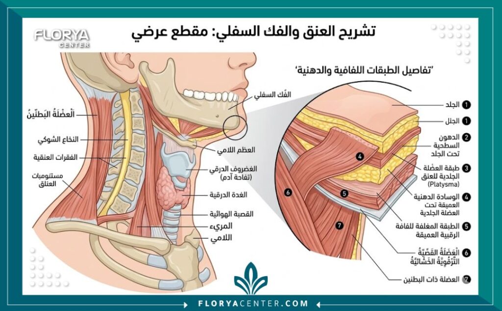 استئصال الدهون تحت العضلة الجلدية 2 رسم توضيحي طبي دقيق يظهر تشريح الرقبة وموقع الدهون العميقة تحت العضلة الجلدية وعلاقتها بالذقن المزدوج.