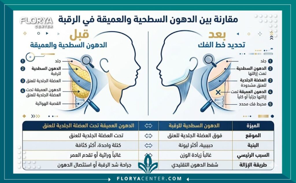 استئصال الدهون تحت العضلة الجلدية 3 إنفوجرافيك طبي يقارن بين دهون الرقبة السطحية والدهون العميقة تحت العضلة الجلدية وتأثيرها على بروز الفك.
