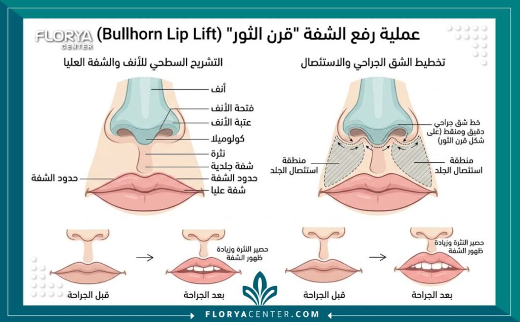 رسم طبي توضيحي يبين مكان شق عملية رفع الشفة العلوية تحت الأنف وكيفية تشكل ندبة قرن الثور.