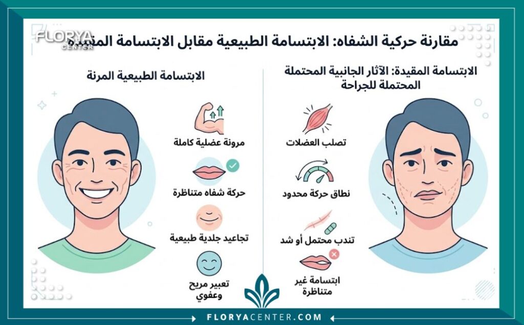 إنفوجرافيك يوضح اضرار عملية رفع الشفة العلوية المحتملة مثل تيبس الشفة وتأثير الندبة الدائمة على حركة الابتسامة.