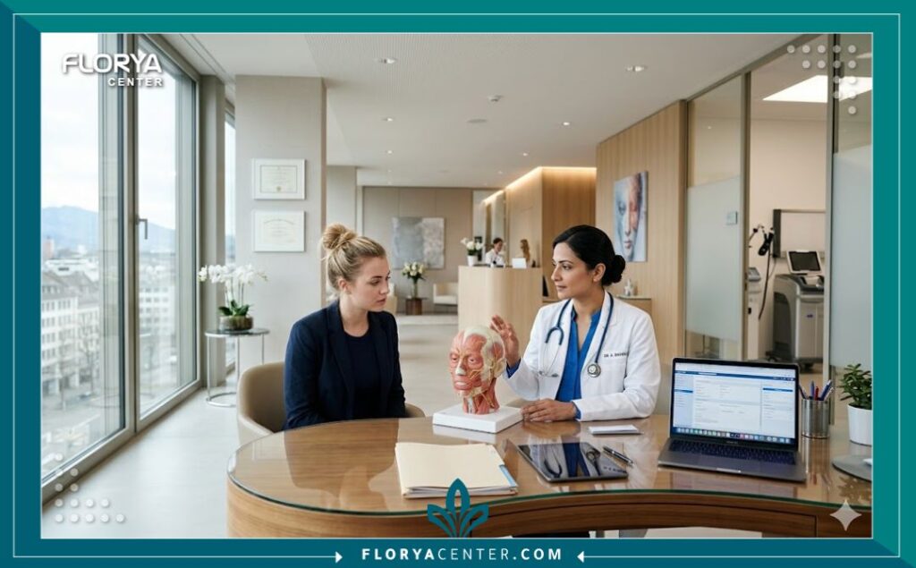 استشارة طبية في عيادة تجميل احترافية لمناقشة مخاطر واضرار عملية رفع الشفة العلوية مع الطبيب المختص قبل الجراحة
