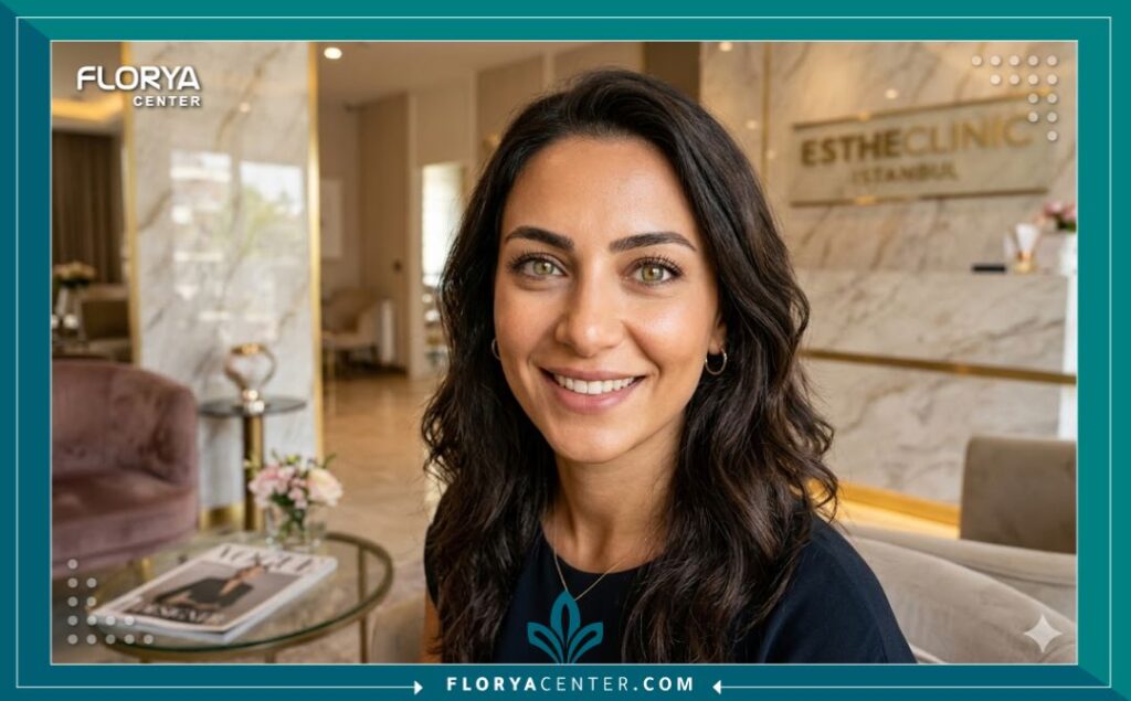 صورة مقربة لمريضة سعيدة تظهر النتيجة الطبيعية والجميلة بعد عملية تغيير لون العين إلى العسلي المخضر في إسطنبول.