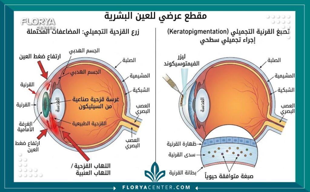 رسم تخطيطي طبي يوضح الفرق بين مكان وضع زرعة القزحية السيليكون مقابل صبغة تلوين القرنية.