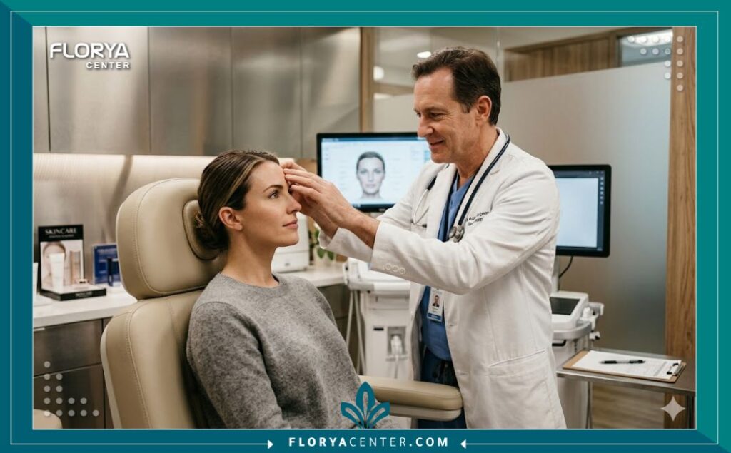 استشارة طبية مع جراح تجميل في عيادة حديثة للتحضير لعملية تجميل وبرد عظمة الجبهة البارزة جراحياً.