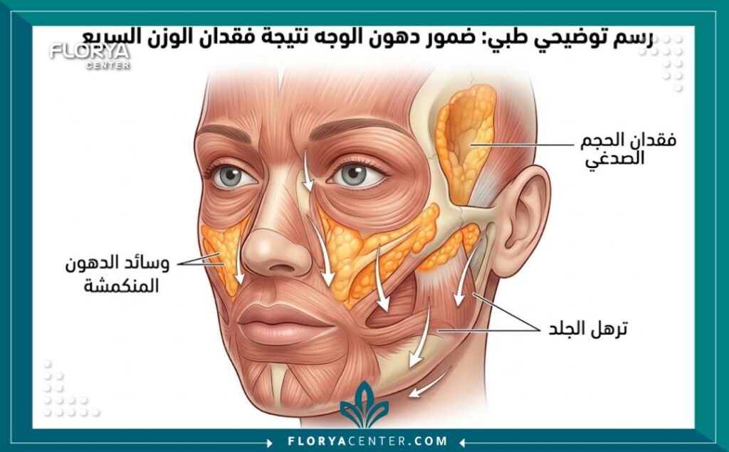 مخطط طبي يوضح تشريح الوجه وأماكن فقدان الدهون (وسائد الدهون المنكمشة) التي تسبب مظهر "وجه أوزيمبيك".