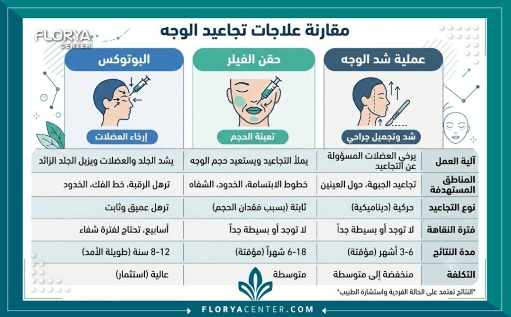 إنفوجرافيك يوضح الفرق بين البوتوكس والفيلر وجراحة شد الوجه لعلاج التجاعيد.