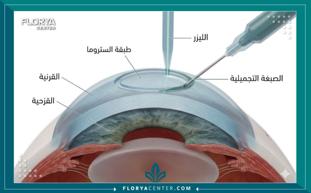 رسم تخطيطي طبي ثلاثي الأبعاد يوضح تشريح العين وعملية تصبغ القرنية (Keratopigmentation) لتغيير لون العين التجميلي في تركيا، مع توضيح مكان حقن الصبغة بالليزر بعيداً عن القزحية الطبيعية باللغة العربية.