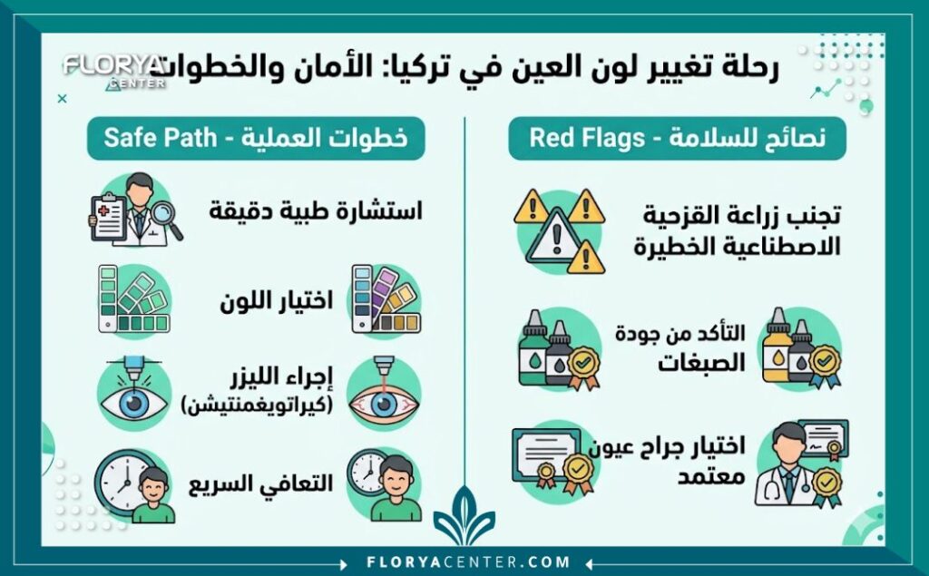 انفوجرافيك تعليمي باللغة العربية يوضح خطوات عملية تجربتي مع تغيير لون العين في تركيا الآمنة (تصيغ القرنية) ومقارنتها بالمخاطر، مع نصائح هامة للسلامة واختيار الطبيب المعتمد لضمان تجربة ناجحة.