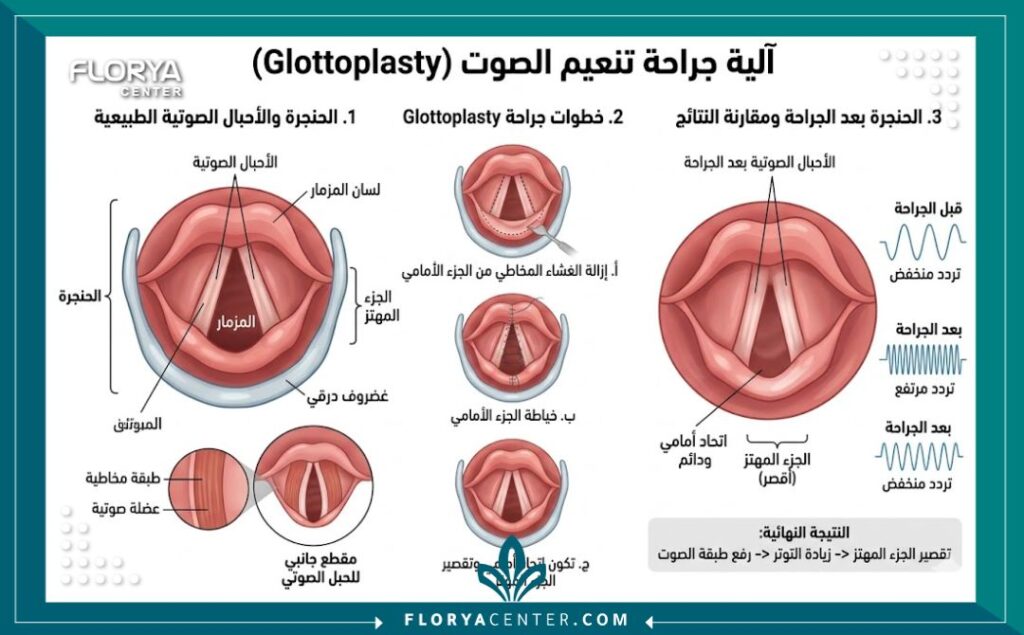 مخطط طبي تشريحي يوضح شكل الحنجرة والأحبال الصوتية وكيفية إجراء عملية تنعيم الصوت للفتيات.