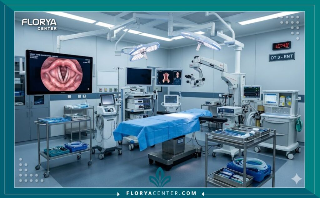 غرفة عمليات حديثة ومعقمة ومجهزة بأحدث مناظير جراحة الأحبال الصوتية وتنعيم الصوت في المستشفى.
