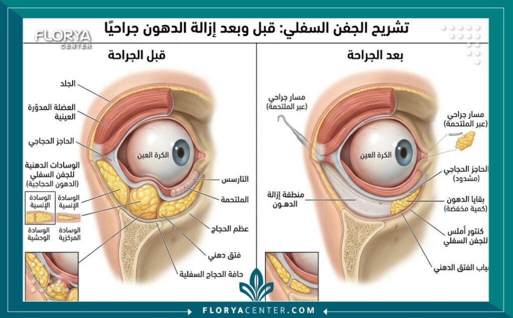 رسم توضيحي طبي لطبقات التشريح الداخلي يوضح كيفية إزالة أكياس الدهون تحت العين عبر تجميل الجفن السفلي الجراحي.