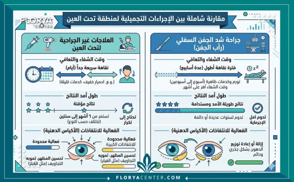 إنفوجرافيك طبي يقارن بين فعالية تجميل الجفن السفلي الجراحي والحلول المؤقتة للتخلص من التجاويف الداكنة.