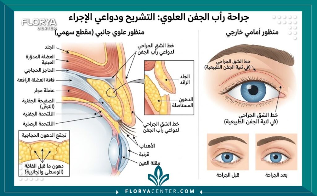 رسم توضيحي طبي يوضح تشريح العين ومكان الشق الجراحي في عملية قص الجفون العلوية لإزالة الترهلات.