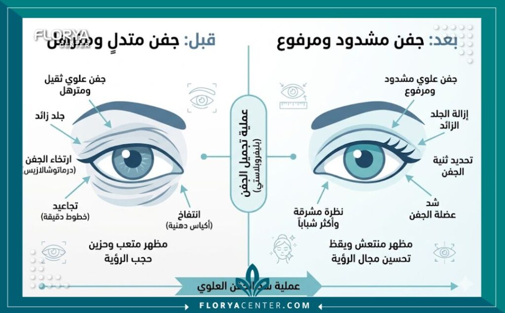 إنفوجرافيك يقارن بين شكل العين قبل وبعد جراحة تجميل الجفن العلوي والتخلص من تهدل الجفون.