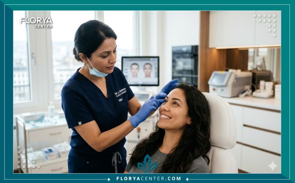 طبيب جراحة تجميل يفحص الجفون العلوية لمريضة داخل عيادة طبية حديثة ومجهزة لعمليات شد الجفن.