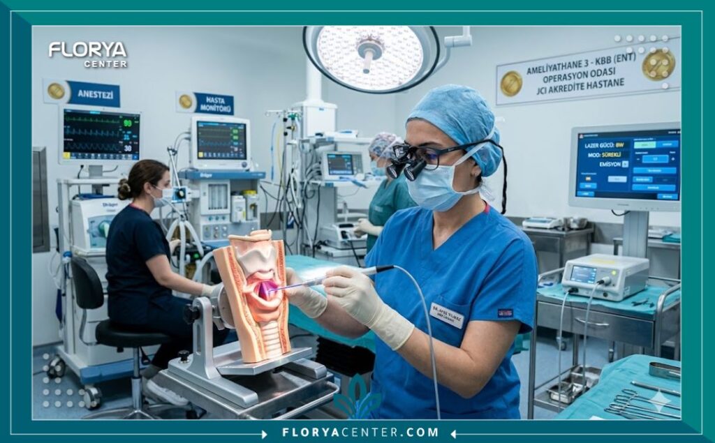 طبيب جراح يجري عملية تجميل حنجرة دقيقة باستخدام الليزر في مستشفى حديث في تركيا.
