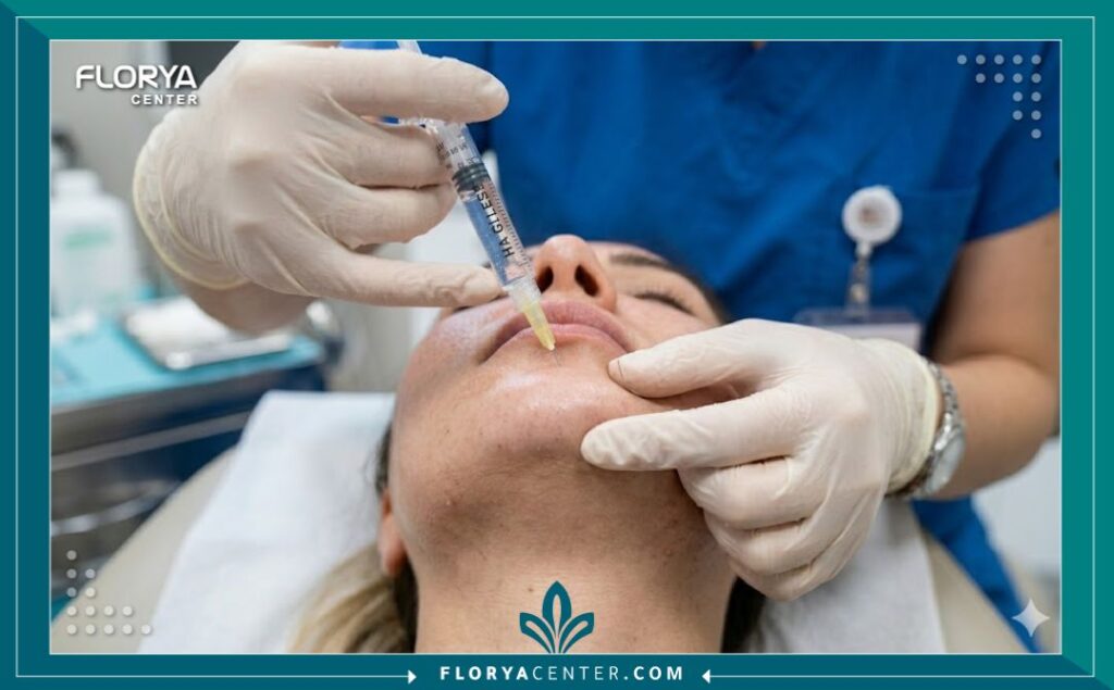 طبيبة جلدية متخصصة تقوم بحقن الفيلر الصلب لتجميل الذقن بدقة داخل عيادة تجميلية معقمة وحديثة في إسطنبول، تركيا.