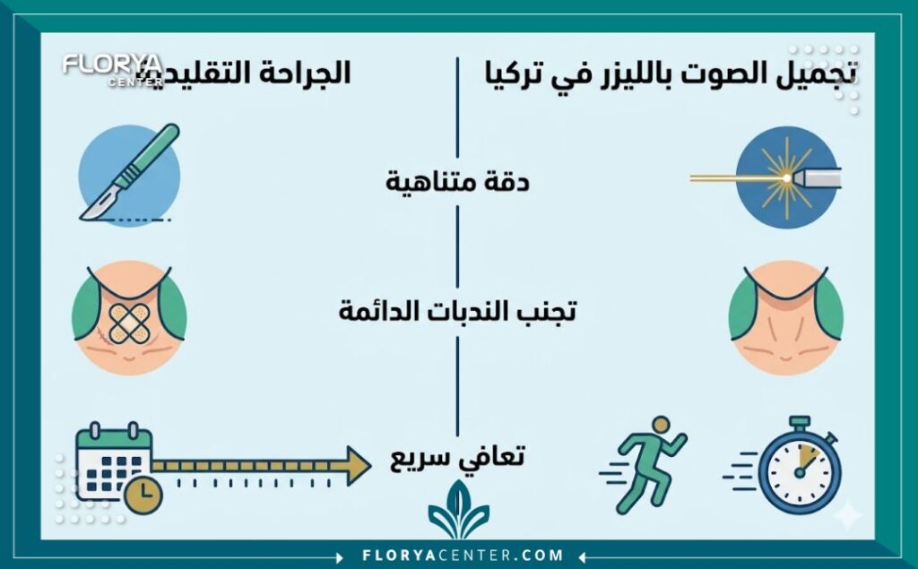 إنفوجرافيك يقارن بين جراحة الصوت التقليدية ومميزات تجميل الصوت بالليزر في تركيا من حيث الدقة وغياب الندبات.