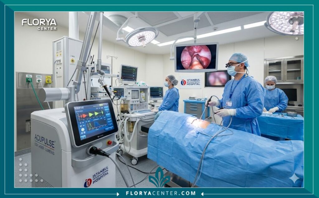 غرفة عمليات معقمة ومجهزة بأحدث تقنيات الليزر الجراحي لتجميل الصوت في تركيا.