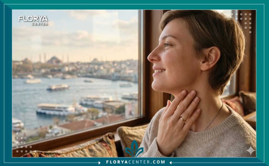 لقطة مقربة تظهر مريضاً سعيداً بنتيجة عملية تجميل الصوت بالليزر في تركيا، مع رقبة خالية تماماً من الندبات.