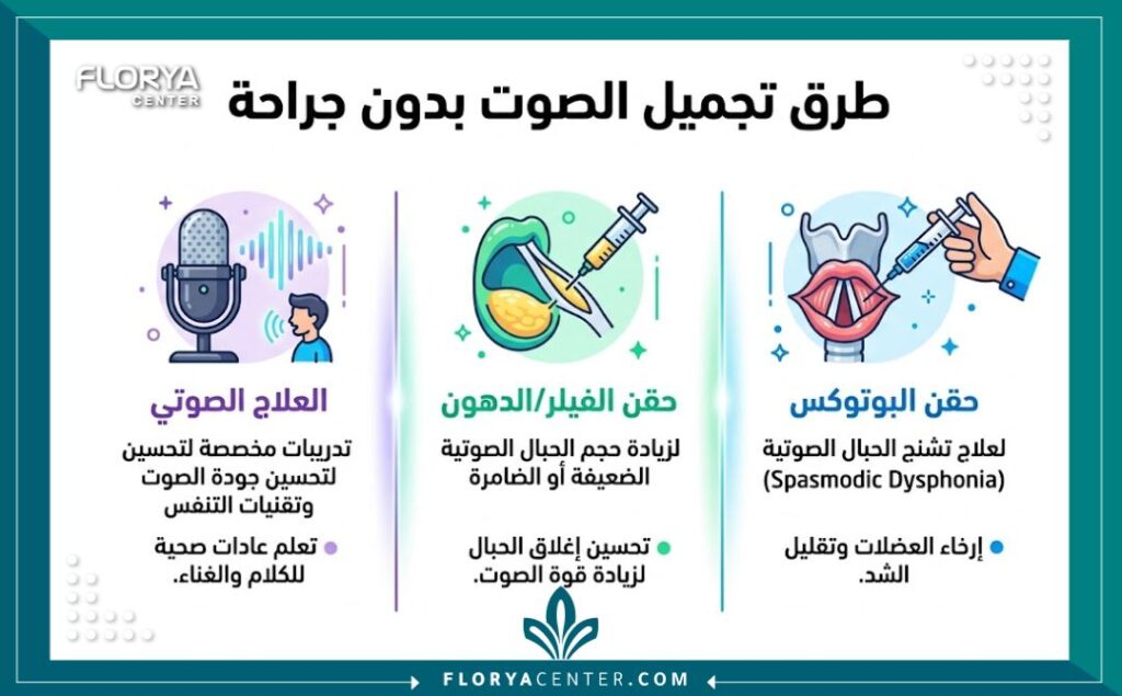 إنفوجرافيك يوضح بدائل الجراحة لتجميل الصوت: حقن البوتوكس، الفيلر، والعلاج الصوتي.