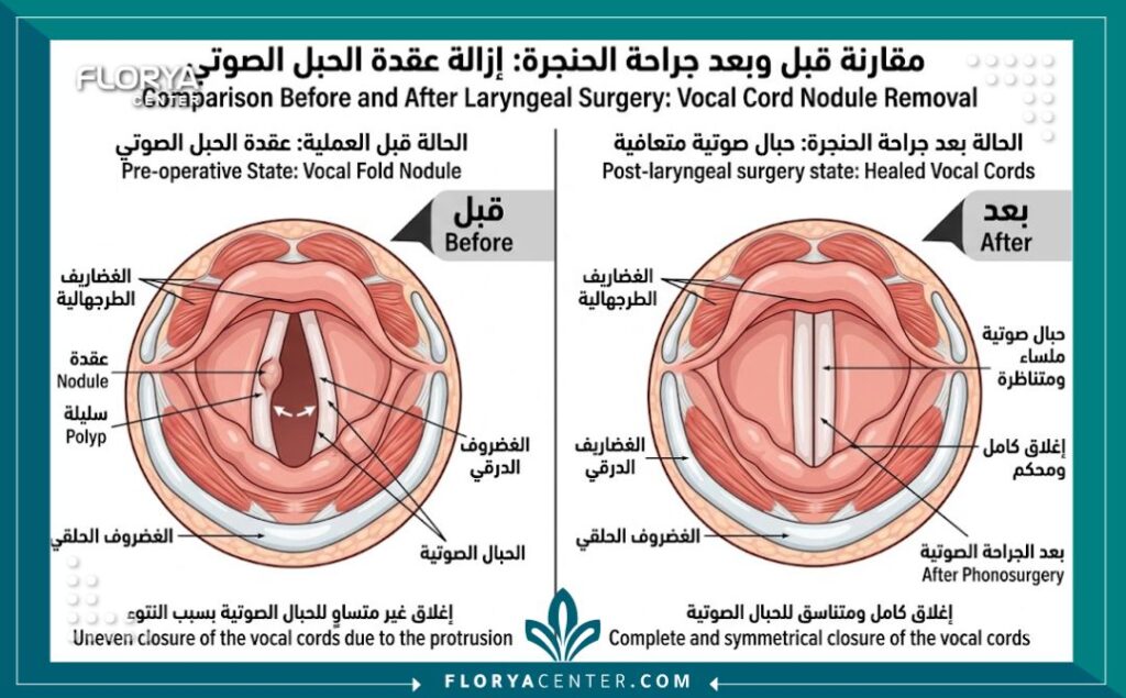 رسم تخطيطي طبي يوضح الفرق بين الحبال الصوتية قبل وبعد عملية إزالة العقيدات لتحسين الصوت للمغنين في تركيا.