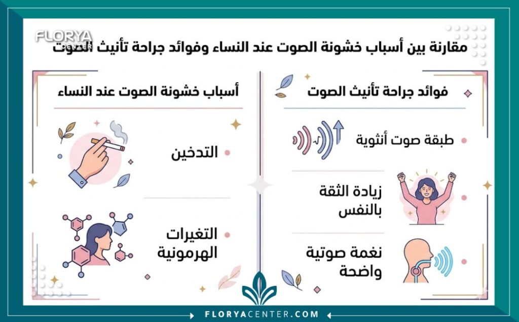 إنفوجرافيك يوضح أسباب خشونة الصوت عند النساء وفوائد جراحة تجميل الصوت في تركيا.