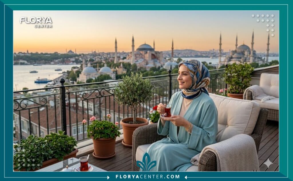سياحة علاجية في تركيا: مريضة تقضي فترة النقاهة بعد عملية تجميل الصوت مع إطلالة على معالم إسطنبول.