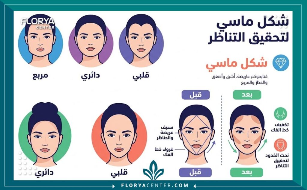 إنفوجرافيك يوضح مقارنة أشكال الوجه والهدف من تجميل الوجه الماسي بنحت الفك والخدود
