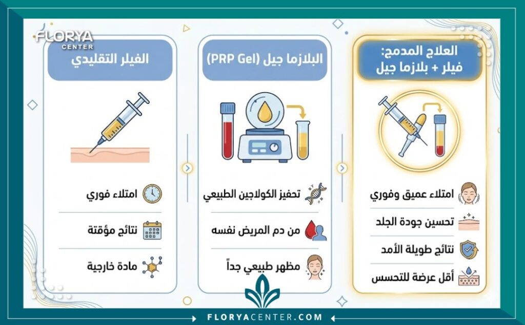 إنفوجرافيك طبي يقارن بين مميزات الفيلر التقليدي وتجميل خط الابتسامة بالفيلر والبلازما وفوائد دمج المادتين لتعبئة خطوط الابتسامة.